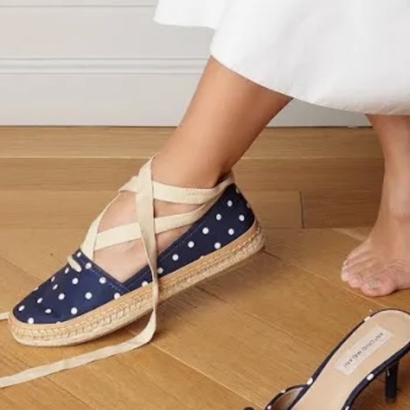 Antonio Melani Luluna Blue Polka Dot Ankle Wrap Espadrille Flats Size 7.5 - Picture 4 of 13